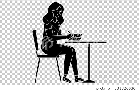 線條藝術風格的圖標，一位女士在桌邊學習，用筆在筆記本上書寫 131326630