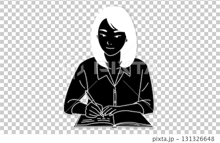 Line art style icon of a woman studying at a table writing with a pen in a notebook 131326648