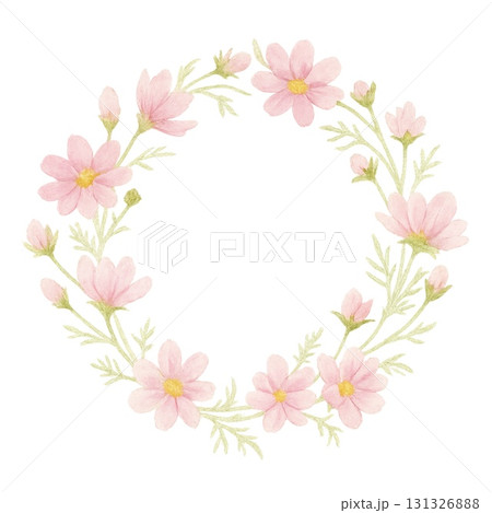 やさしい水彩タッチの淡いピンクコスモスリースフレーム やさしい水彩タッチの淡いピンクコスモスリースフレーム 131326888
