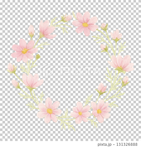 やさしい水彩タッチの淡いピンクコスモスリースフレーム やさしい水彩タッチの淡いピンクコスモスリースフレーム 131326888