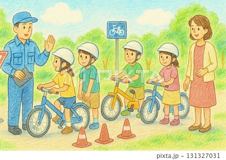 青空教室で自転車の乗り方と交通ルールを学習する生徒と指導員・先生 131327031