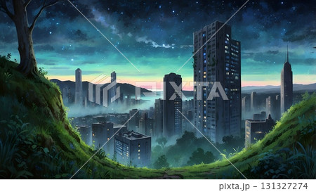 ゲーム背景　美しい夕陽が地平線に見えるグラデーション空と街並みの現代風景 131327274