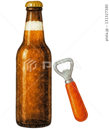 瓶ビールと栓抜きのイラスト　手描き風・水彩風　背景透過素材 131327380