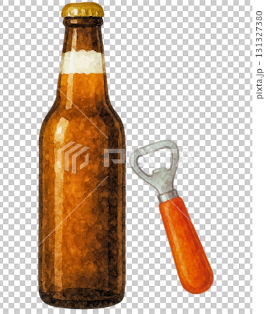 一瓶啤酒和開瓶器的插圖-手繪和水彩風格-透明背景 131327380