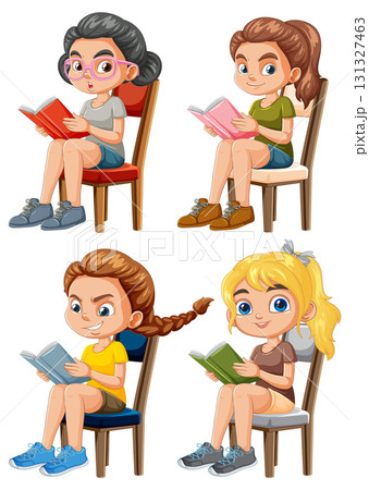 Four Girls Sitting on Chairs Reading Books Vector Illustration Four Girls Sitting on Chairs Reading Books Vector Illustration 131327463