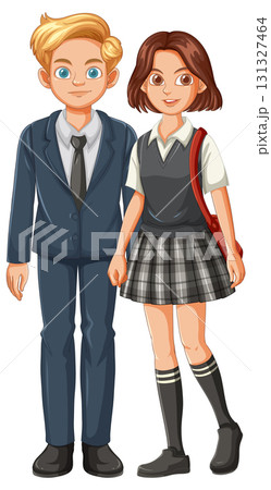 Smiling Schoolboy and Schoolgirl in Uniform Standing Together Smiling Schoolboy and Schoolgirl in Uniform Standing Together 131327464