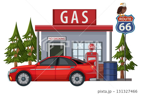 Red Car Refueling at Route 66 Gas Station Red Car Refueling at Route 66 Gas Station 131327466