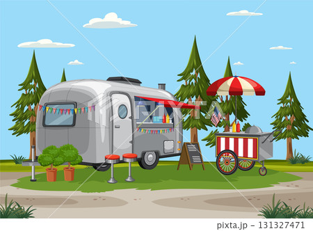 Retro Camper and Food Cart in Forest Setting 131327471