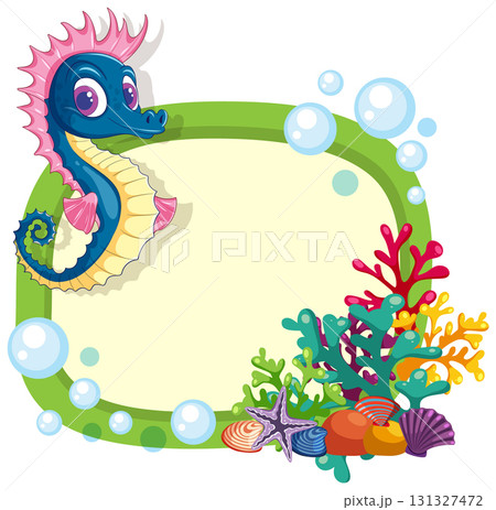 Colorful Seahorse with Coral Frame and Bubbles Illustration Colorful Seahorse with Coral Frame and Bubbles Illustration 131327472
