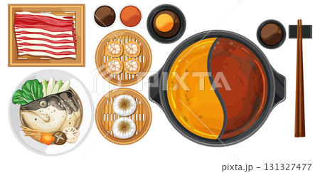 Top View of Asian Hot Pot Meal with Ingredients 131327477