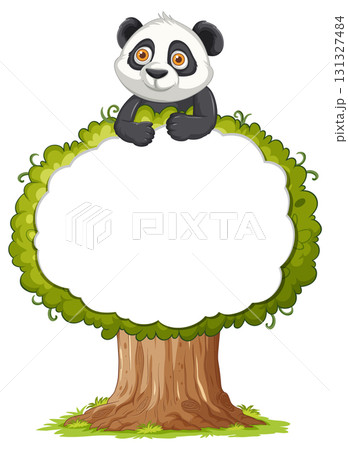 Cartoon Panda Above Tree With Blank Sign Space 131327484