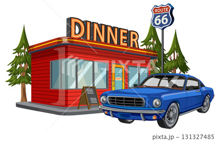 Classic Blue Muscle Car Parked at Retro Diner on Route 66 131327485