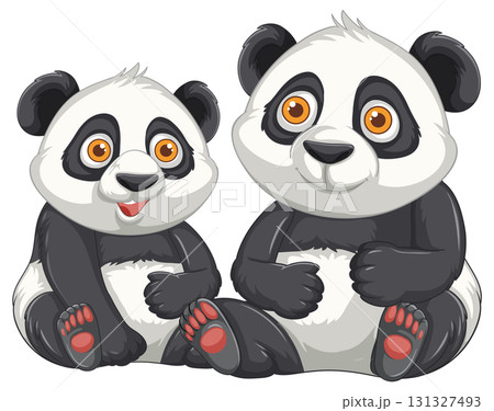 Two Cute Cartoon Pandas Sitting Side by Side 131327493