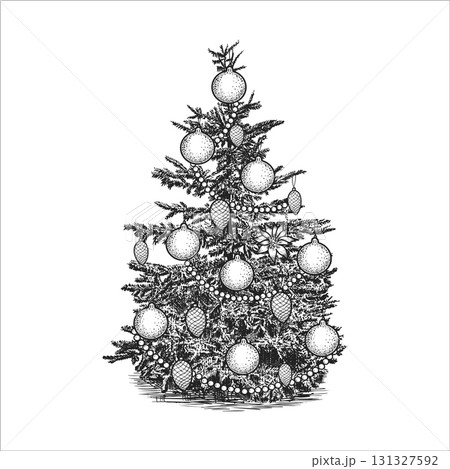 Christmas tree with garlands and toys. Christmas design element. Hand drawn vector illustration. Christmas tree with garlands and toys. Christmas design element. Hand drawn vector illustration. 131327592