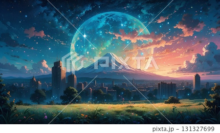 ゲーム背景　美しい幻想的な月と夕陽が地平線に見えるグラデーション空と富士山幻想的現代風景 131327699