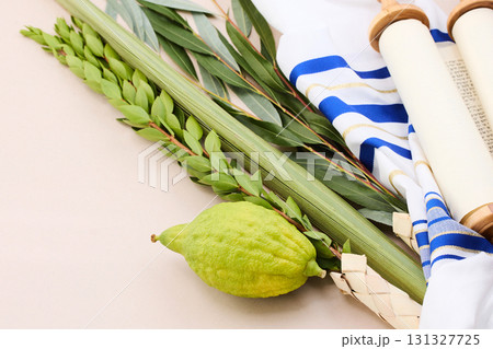 Sukkot Festival Symbols. Colorful arrangement of Sukkot symbols with a Torah scroll. 131327725