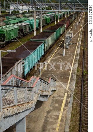An Aerial View of Various Freight Trains Positioned in a Busy Railway Yard, Captured from Above 131327836
