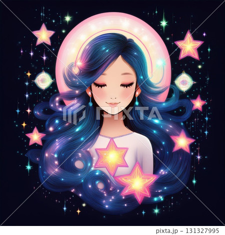 星に囲まれる髪の長い目をつぶった女性 131327995
