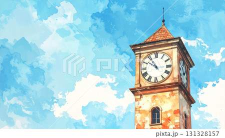 Watercolor illustration of an old clock tower with Roman numerals against a bright blue sky, blending architecture and art, ideal for vintage, travel, and historical design concepts 131328157