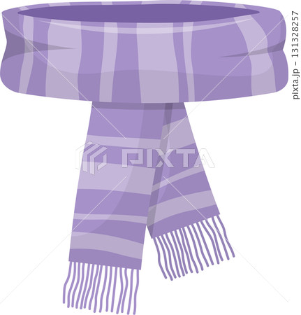 A striped, knitted scarf in various shades of purple with long tassels hanging from the ends. 131328257