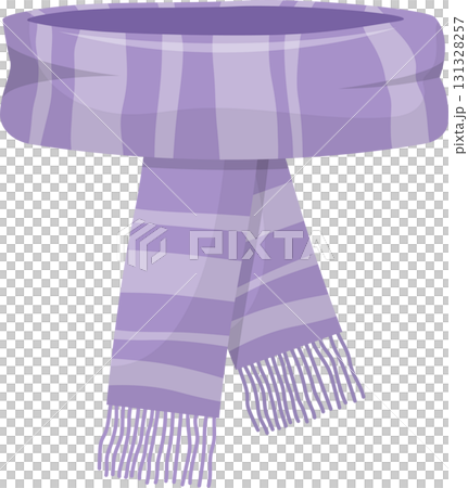 A striped, knitted scarf in various shades of purple with long tassels hanging from the ends. 131328257