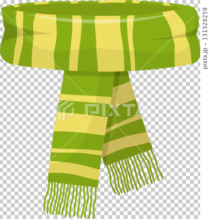 Stylized green and yellow striped scarf with fringe, adding warmth and style to any outfit. 131328259