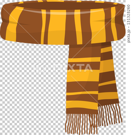 Warm brown and yellow striped scarf with tassels, cozy winter accessory for chilly weather. 131328260