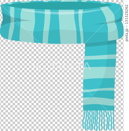 Illustration of a striped blue scarf with fringes, isolated on a black background. 131328262