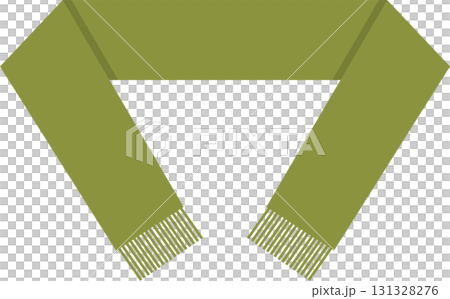 A green-colored, fringed scarf is lying flat. It could be wool, cotton, or any kind of fabric. 131328276