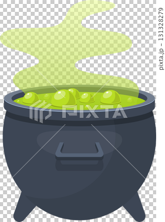 A bubbling cauldron filled with green liquid, releasing a thick plume of green vapor into the air. 131328279