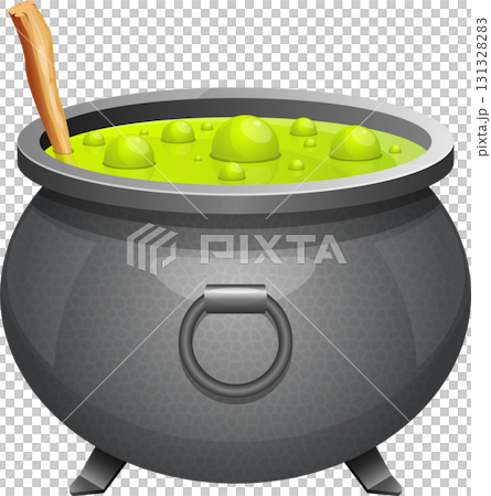 Bubbling bright green liquid simmers in a grey cauldron, with a wooden spoon inside the pot. Bubbling bright green liquid simmers in a grey cauldron, with a wooden spoon inside the pot. 131328283