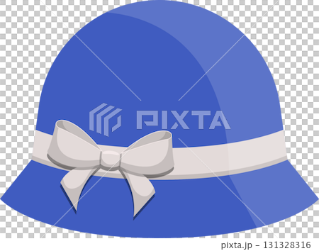 A charming illustration of a blue cloche hat adorned with a delicate white bow and matching band. 131328316