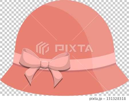 A charming peach-colored cloche hat with a delicate ribbon and bow, a delightful accessory. 131328318