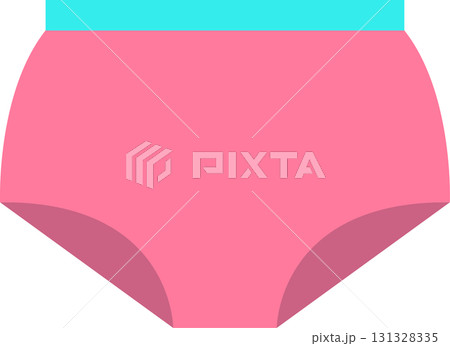 A simple cartoon style illustration of pink underwear with a bright blue waistband isolated. 131328335