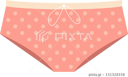 A pink pair of underwear with pale pink polka dots and white tie strings is displayed. 131328338