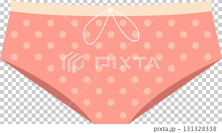 A pink pair of underwear with pale pink polka dots and white tie strings is displayed. 131328338