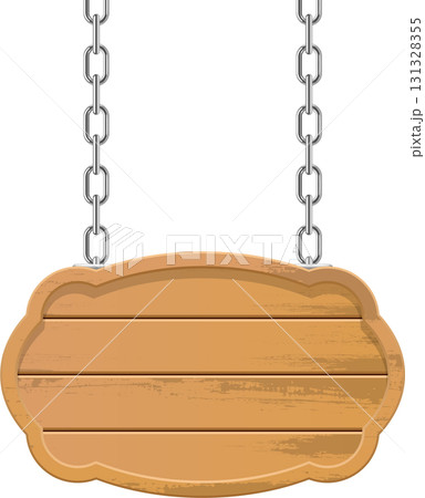 Wooden signboard suspended by metal chains against a black backdrop, ready for customization. 131328355