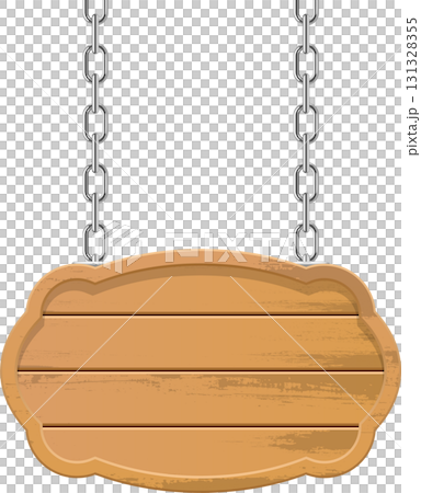 Wooden signboard suspended by metal chains against a black backdrop, ready for customization. 131328355
