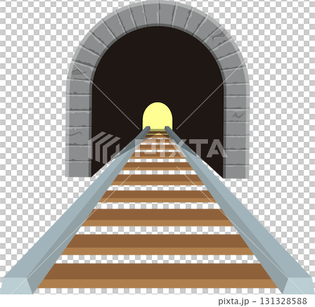 A railway tunnel with a stone archway, leading to a bright opening at the tunnel's end. 131328588