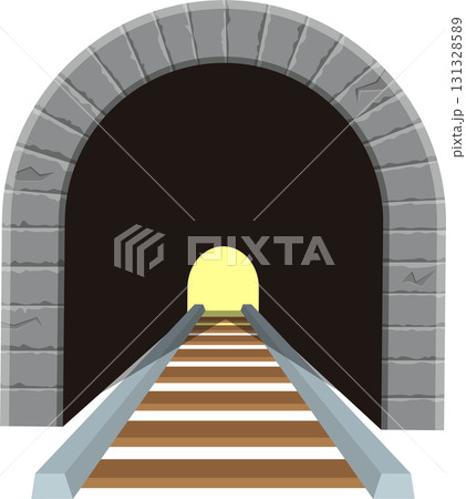 Illustration of a stone tunnel with train tracks leading into the light at the end. 131328589