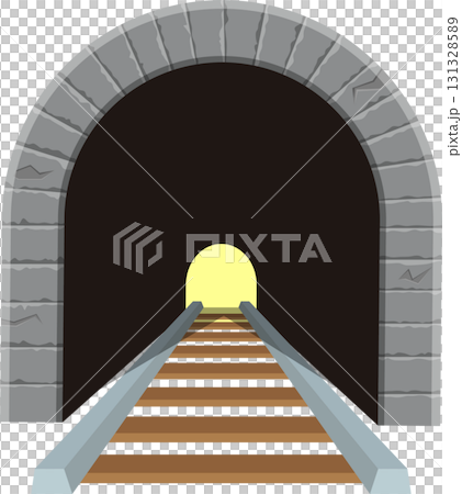 Illustration of a stone tunnel with train tracks leading into the light at the end. 131328589