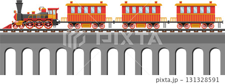 Vintage locomotive pulling passenger cars along an arched viaduct. Classic transportation imagery. 131328591