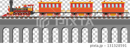 Vintage locomotive pulling passenger cars along an arched viaduct. Classic transportation imagery. 131328591