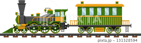 Vintage train with a green locomotive and passenger car traveling on a railroad track. Vintage train with a green locomotive and passenger car traveling on a railroad track. 131328594