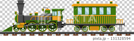 Vintage train with a green locomotive and passenger car traveling on a railroad track. Vintage train with a green locomotive and passenger car traveling on a railroad track. 131328594