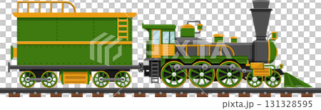 Vintage steam train in green and gold against black background, ready for an adventurous journey. 131328595