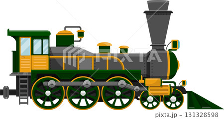 Vintage green and gray steam train with yellow accents, classic transportation illustration. 131328598