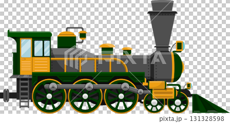 Vintage green and gray steam train with yellow accents, classic transportation illustration. 131328598