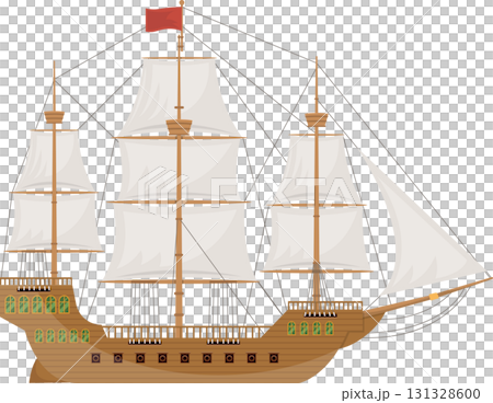 Detailed illustration of a classic sailing ship with its masts, sails, and rigging displayed. Detailed illustration of a classic sailing ship with its masts, sails, and rigging displayed. 131328600