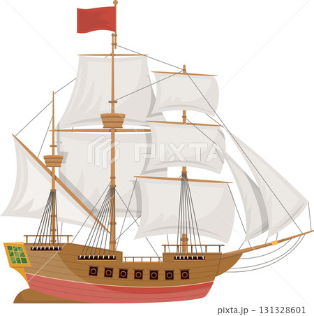 Illustration of a vintage sailing ship with white sails and a red flag against a black background. Illustration of a vintage sailing ship with white sails and a red flag against a black background. 131328601